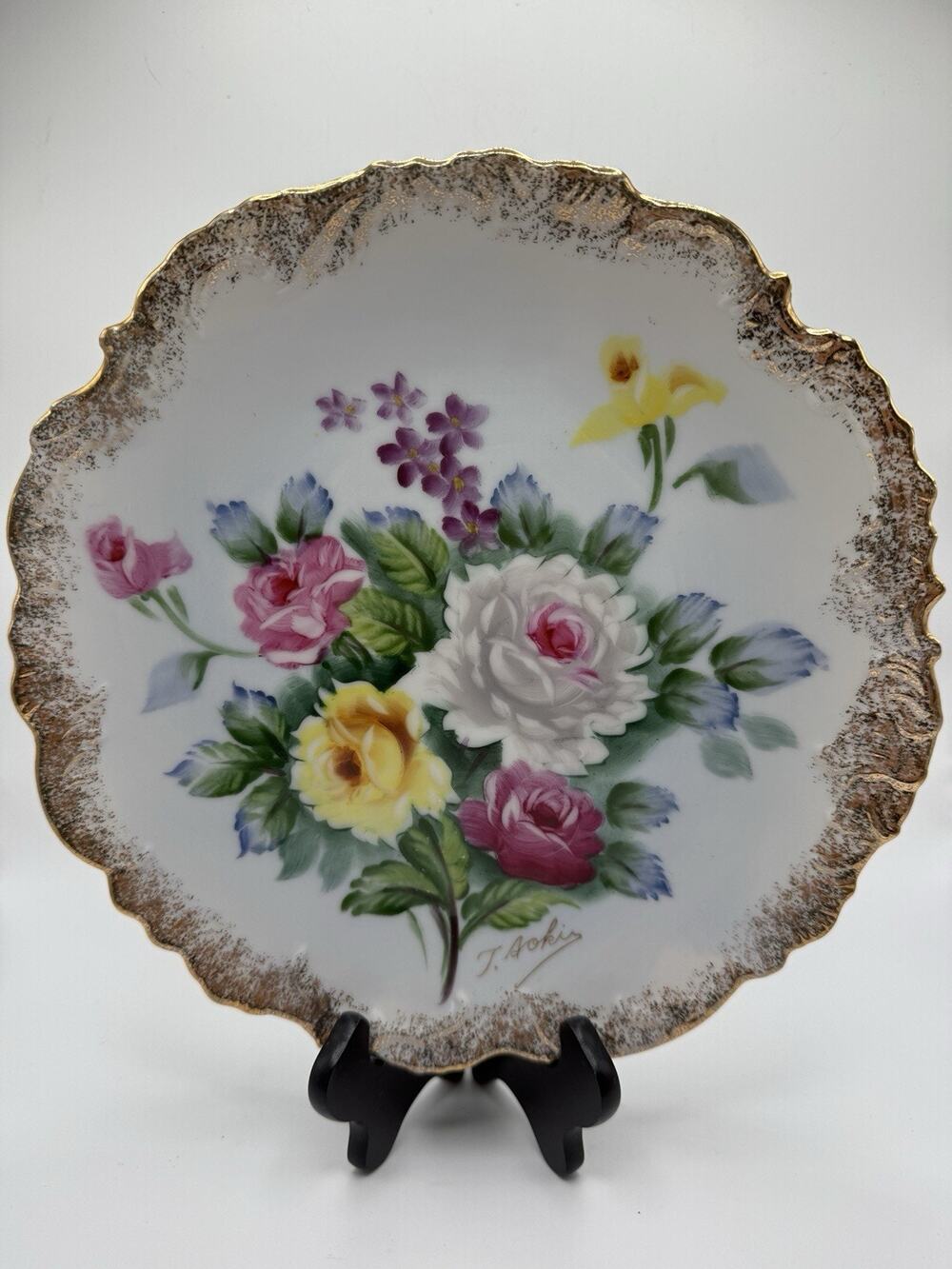 Vintage Ucagco Hand-Painted Artist-signed Scalloped 8" Wall Plate Roses Floral